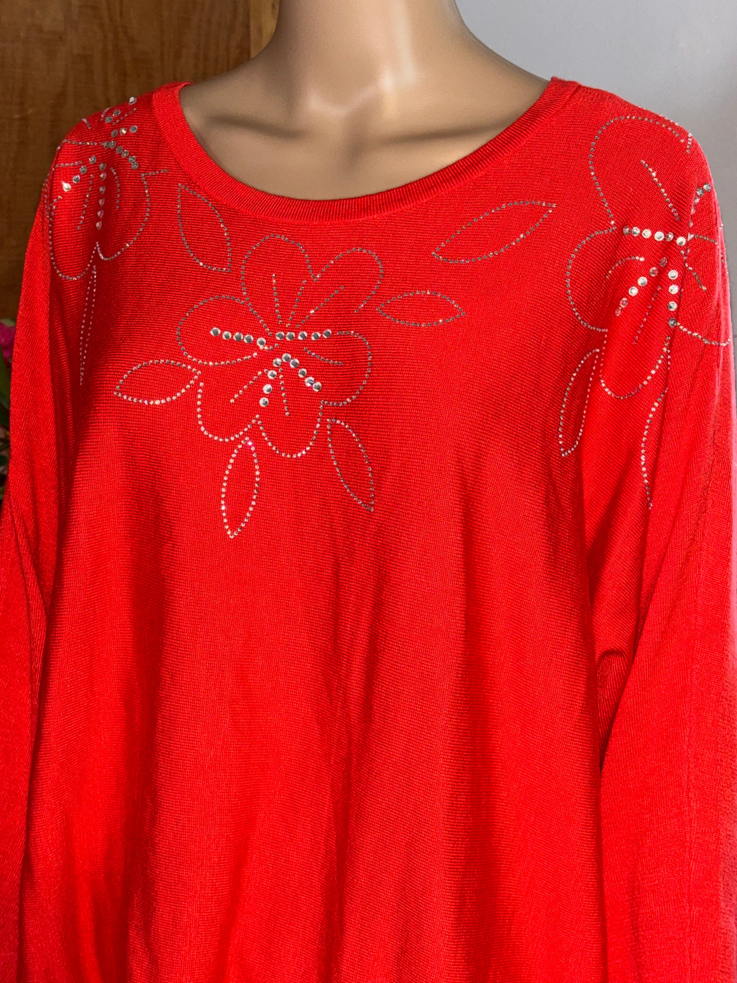 80 PARK orange-red sweater top 1X sparkly floral design