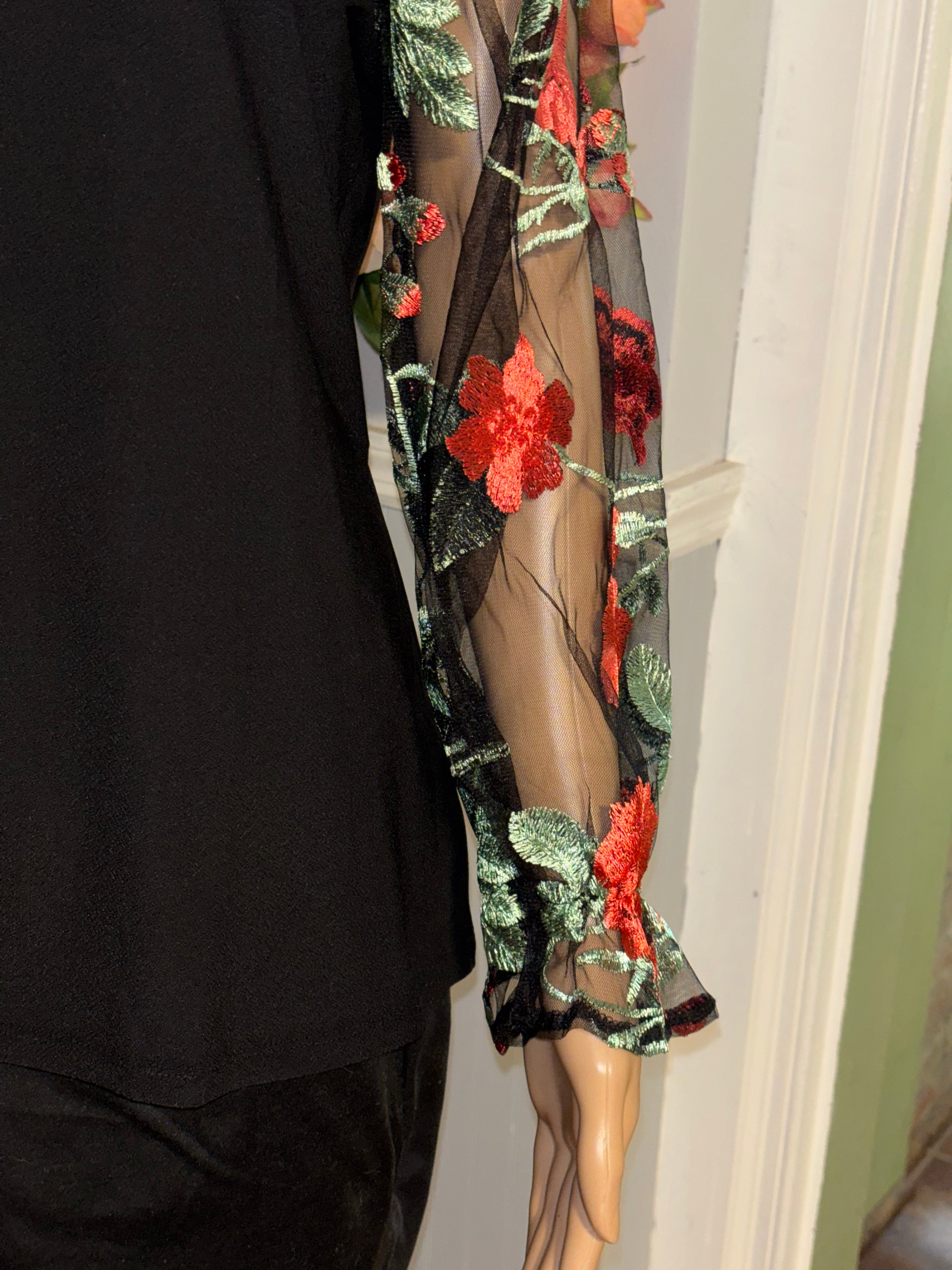 80 Park Black Mock Neck Top Floral Embroidered Mesh Sleeves Size L