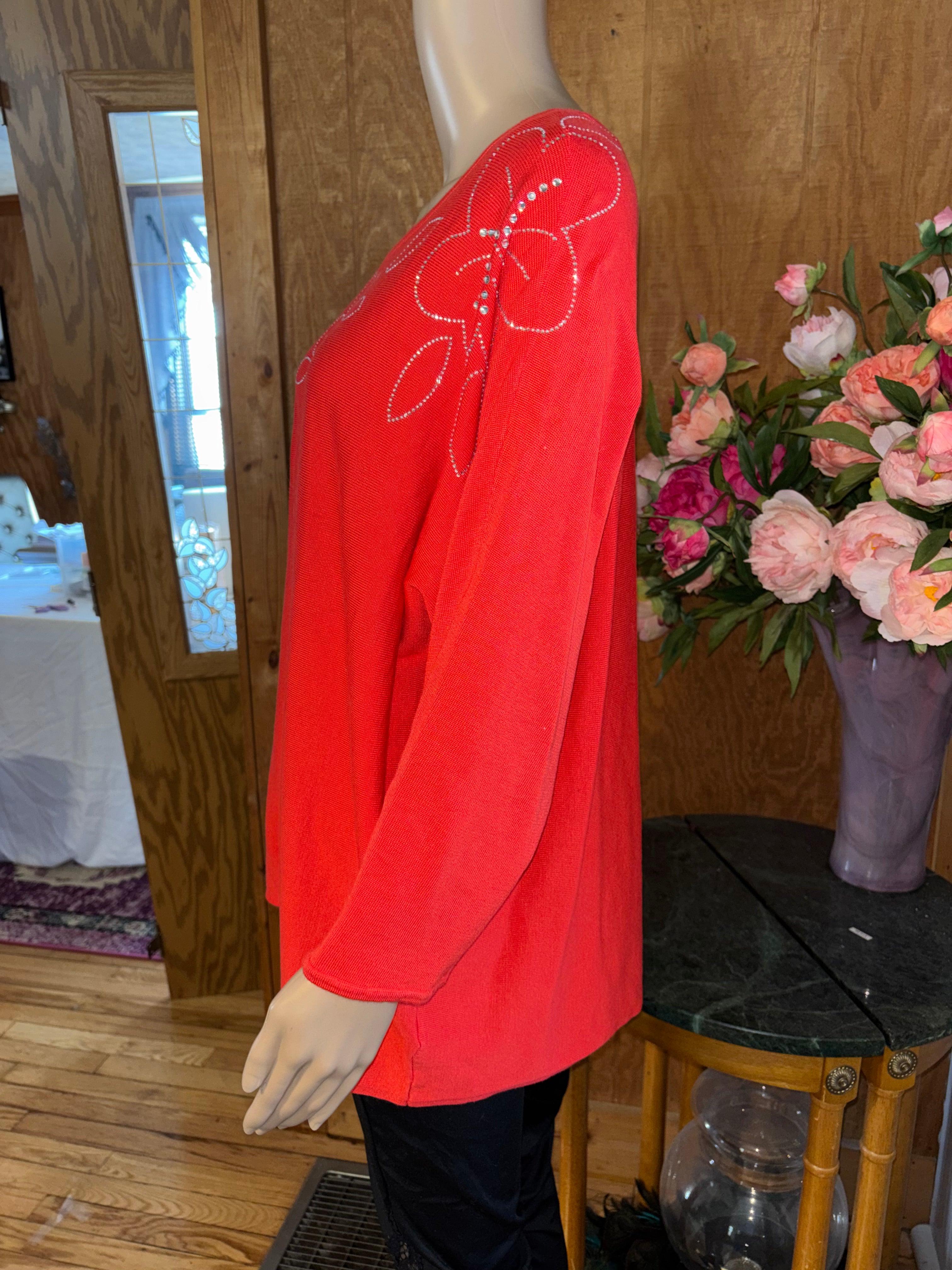 80 PARK orange-red sweater top 1X sparkly floral design