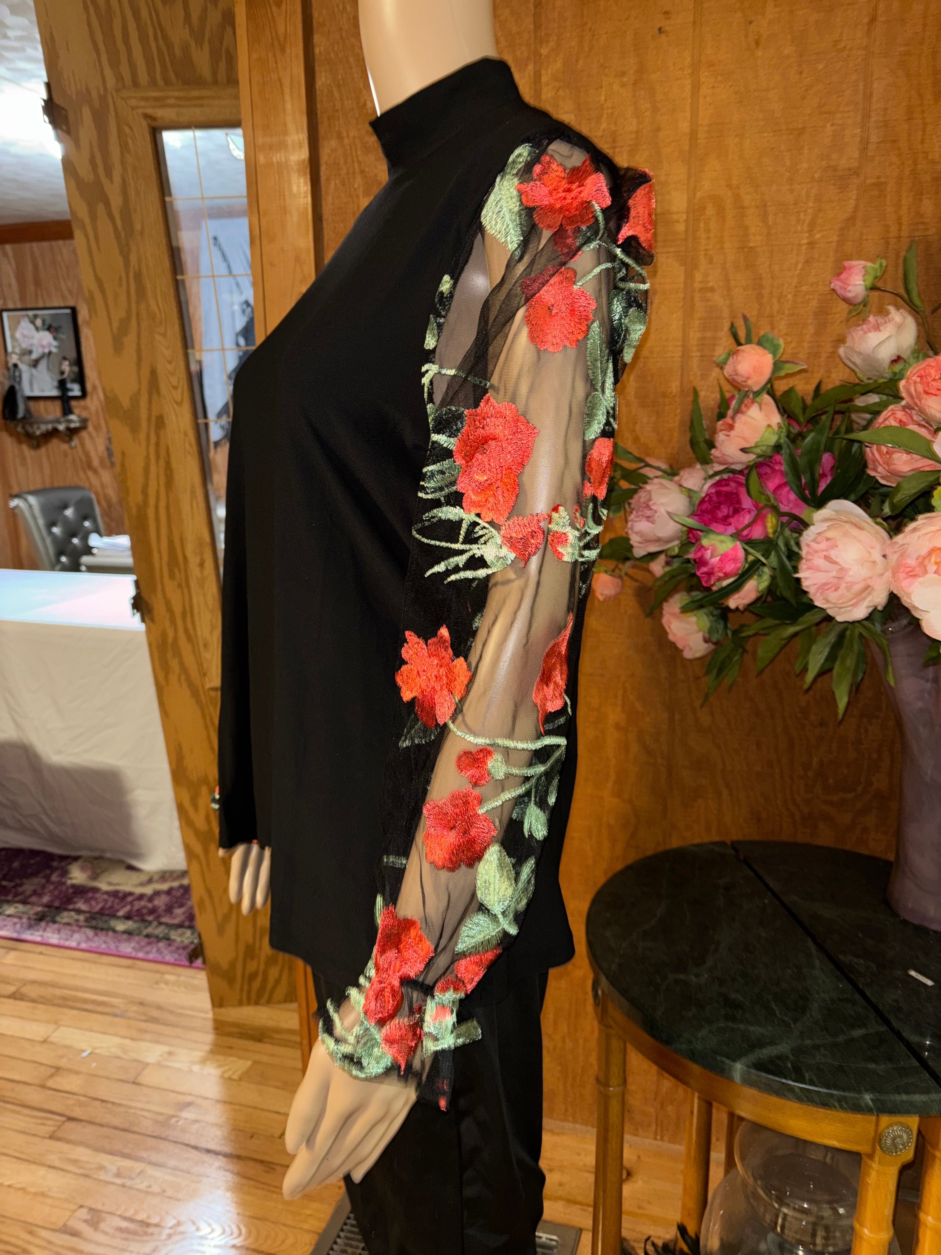 80 Park Black Mock Neck Top Floral Embroidered Mesh Sleeves Size L