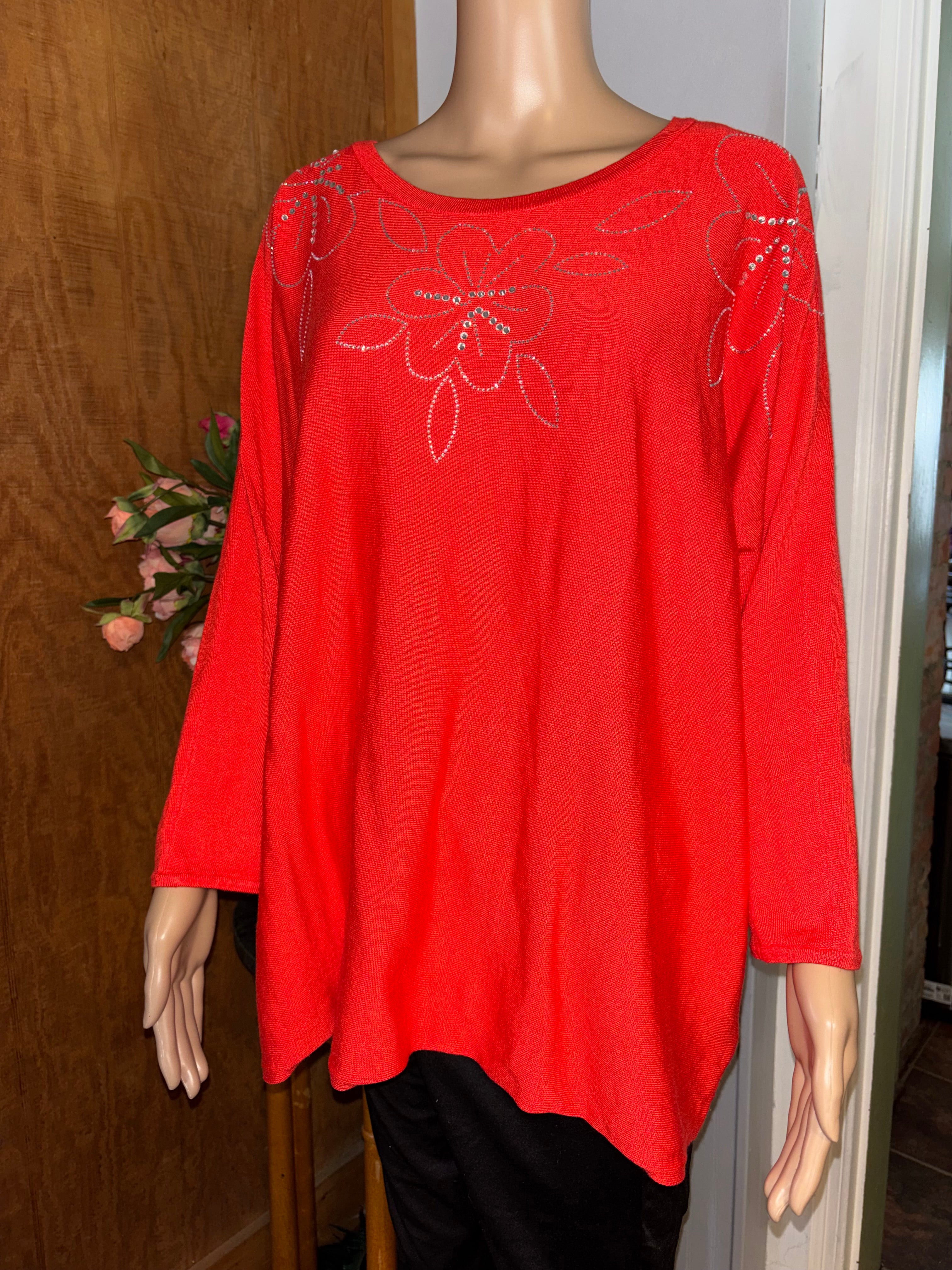 80 PARK orange-red sweater top 1X sparkly floral design