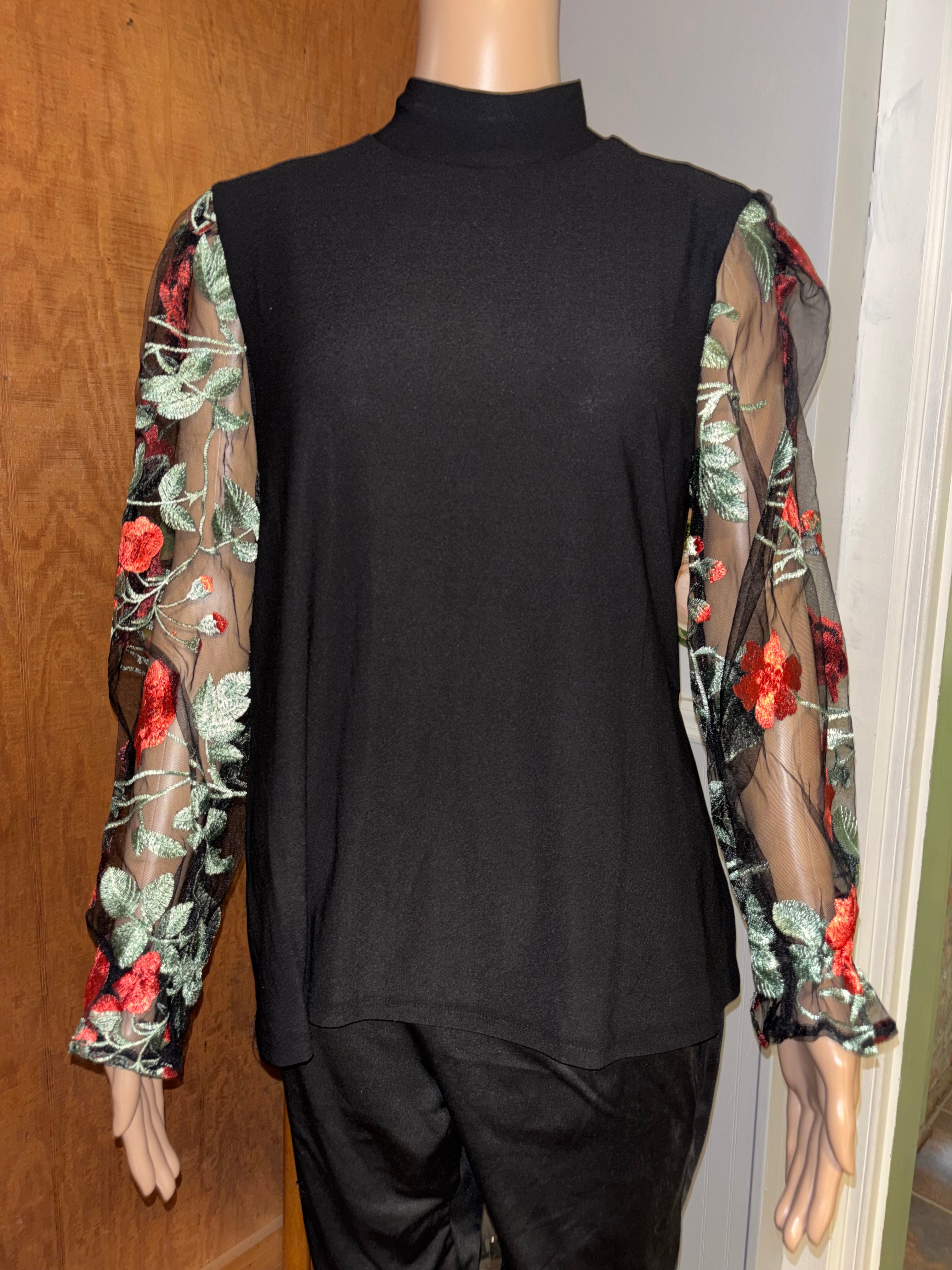 80 Park Black Mock Neck Top Floral Embroidered Mesh Sleeves Size L