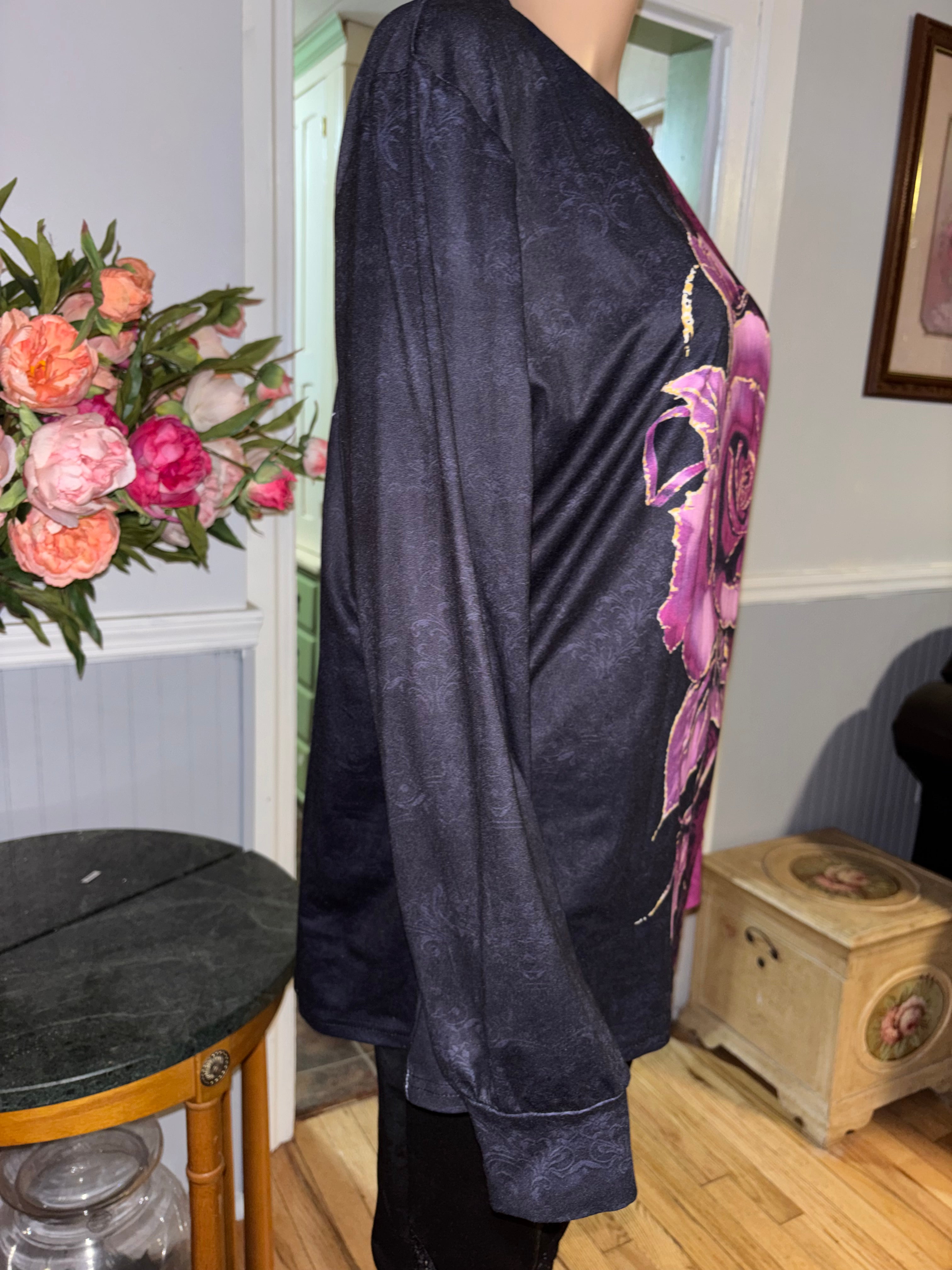 1XL Black Magenta Rose Long Sleeve Top