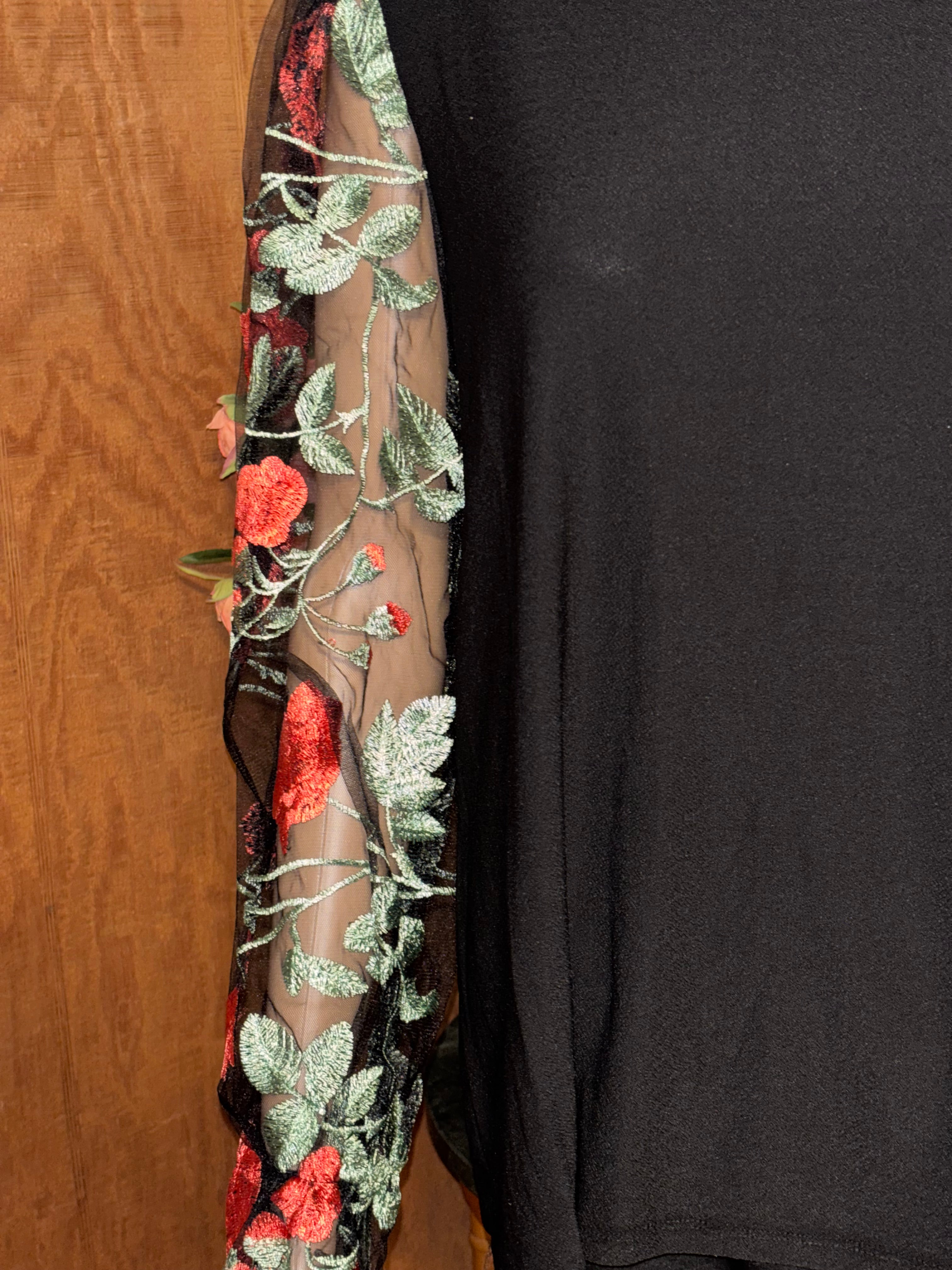 80 Park Black Mock Neck Top Floral Embroidered Mesh Sleeves Size L