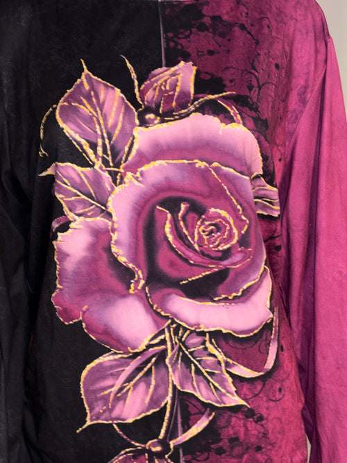 1XL Black Magenta Rose Long Sleeve Top