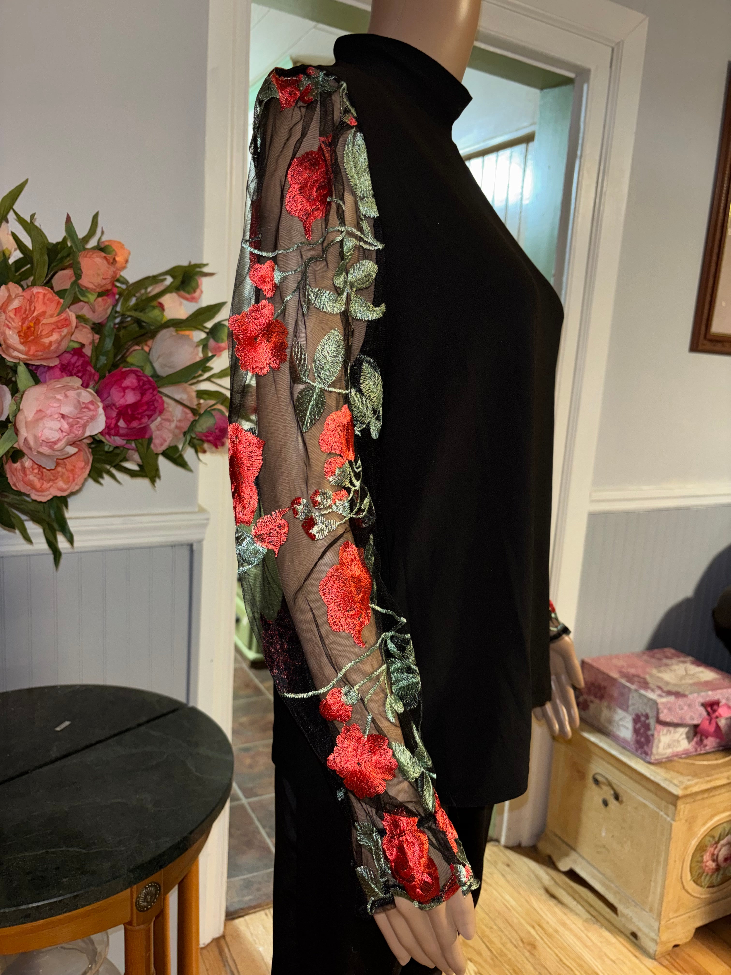 80 Park Black Mock Neck Top Floral Embroidered Mesh Sleeves Size L