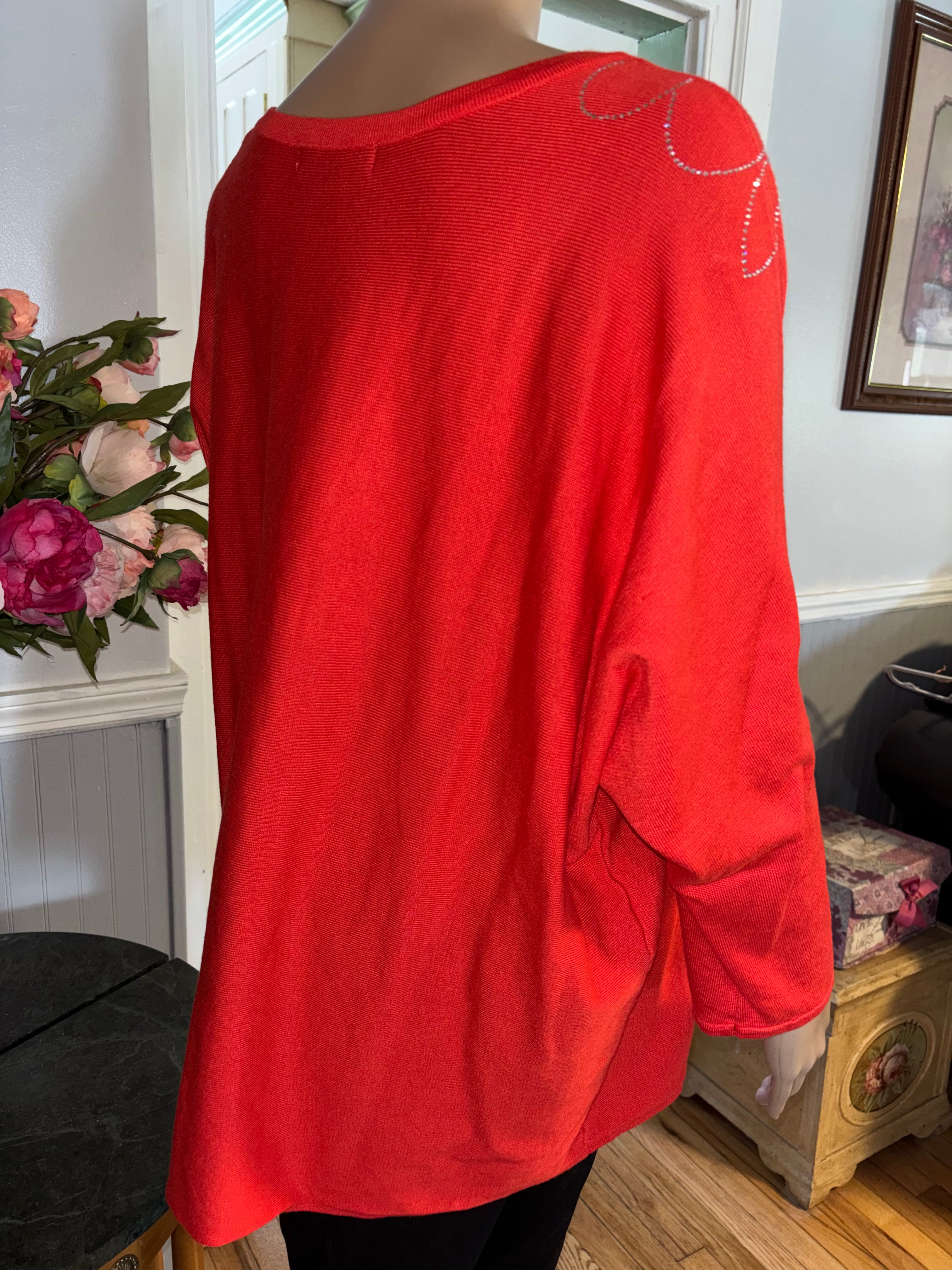 80 PARK orange-red sweater top 1X sparkly floral design