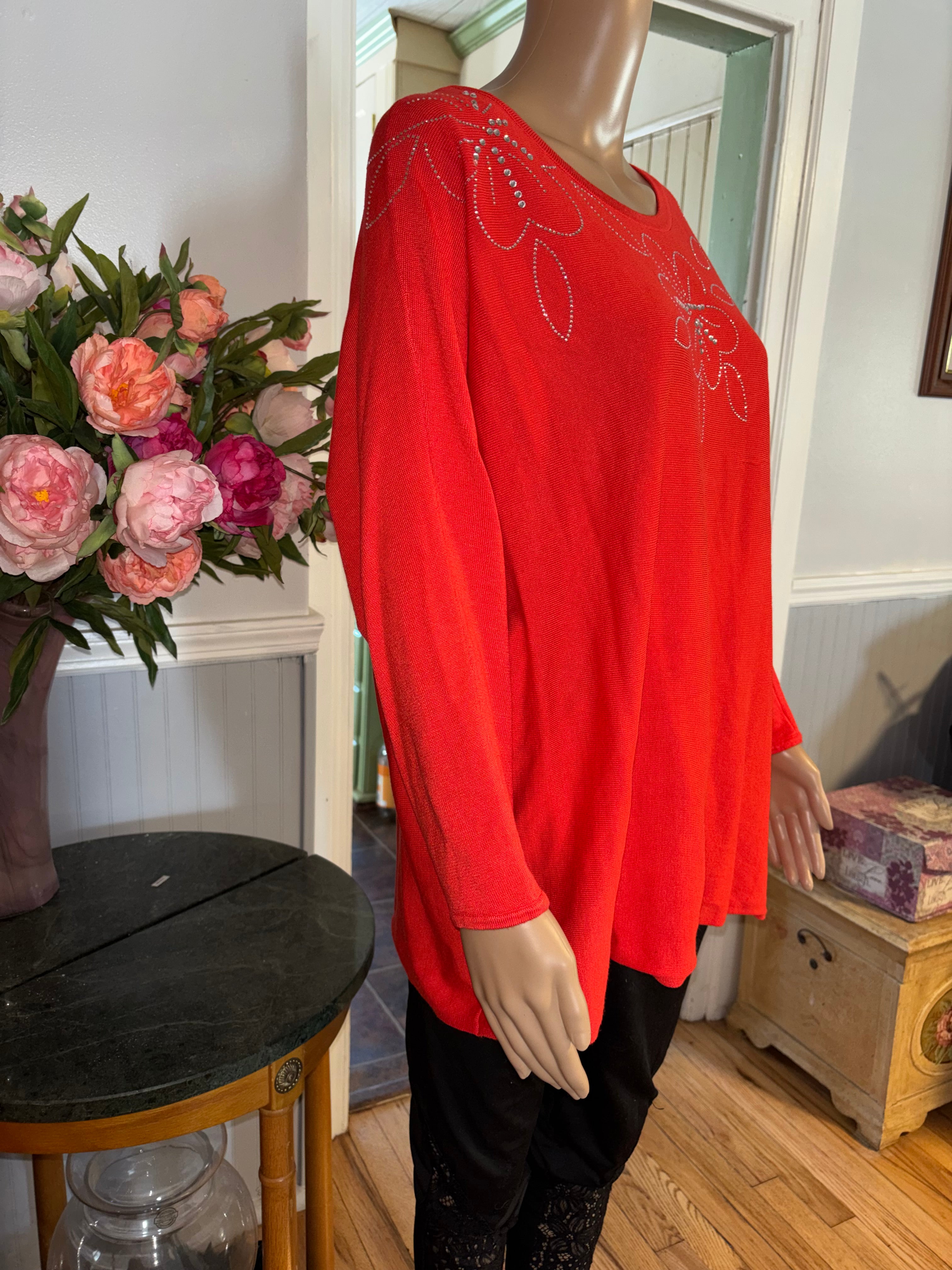 80 PARK orange-red sweater top 1X sparkly floral design
